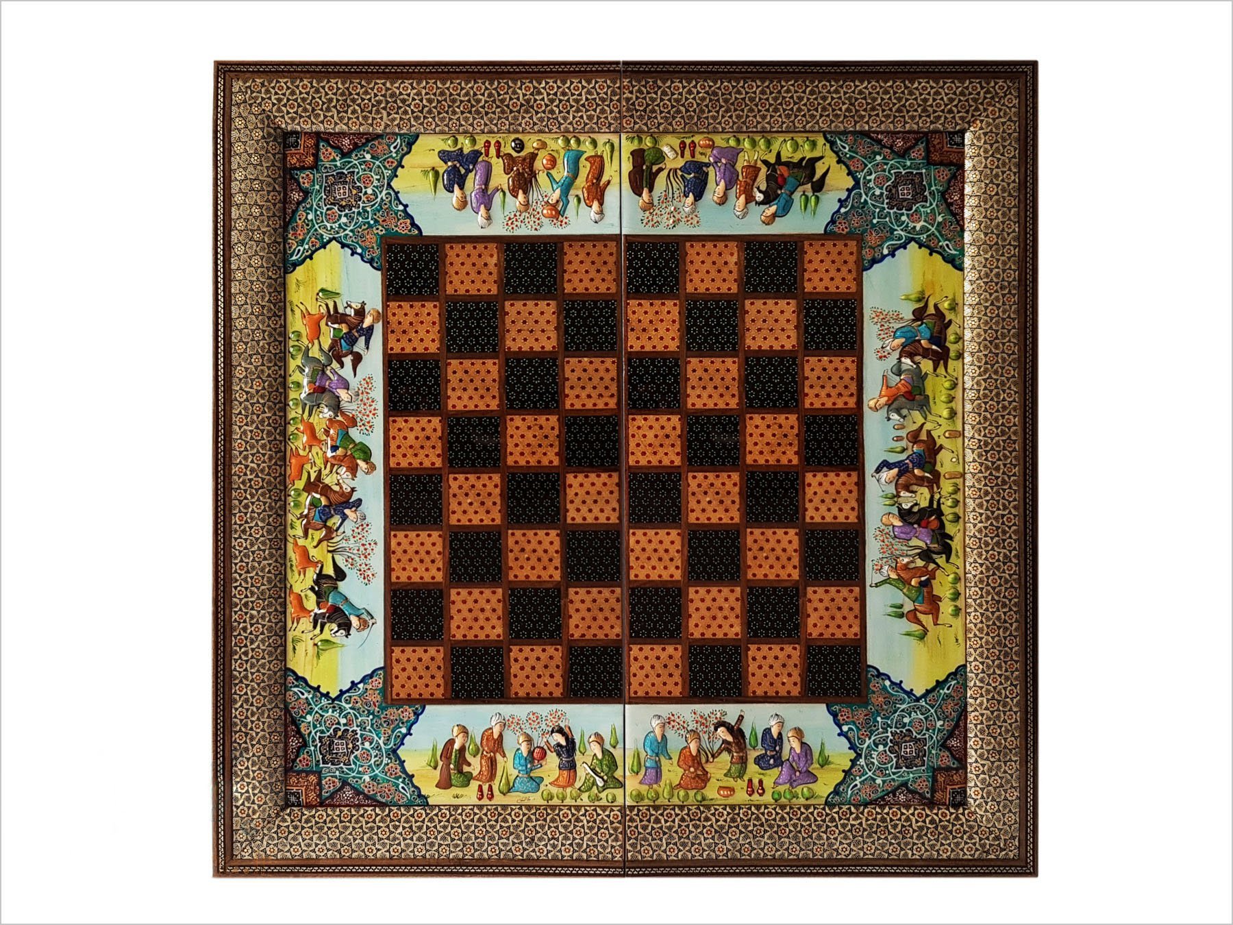This exquisite Persian marquetry backgammon is a true work of art. Measuring 50 cm in length and width, it boasts a rich combination of brown, gold, and black tones. The intricate oriental geometric pattern adds to its sophisticated charm, making it not only a functional game board, but also a stunning decorative piece