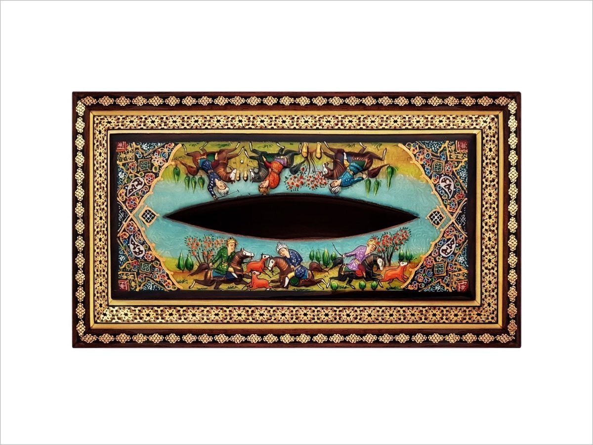 Exquisite Persian Marquetry ( Khatam ) Napkin Box - Polo & Hunting