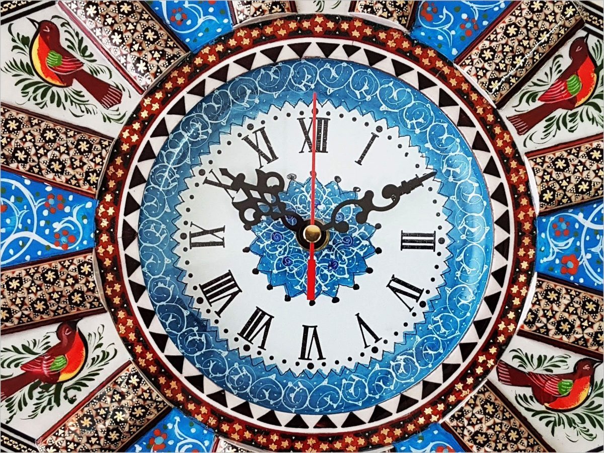 Isfahan's handcrafted Marquetry Wall Clock, a blend of traditional design and modern elegance.