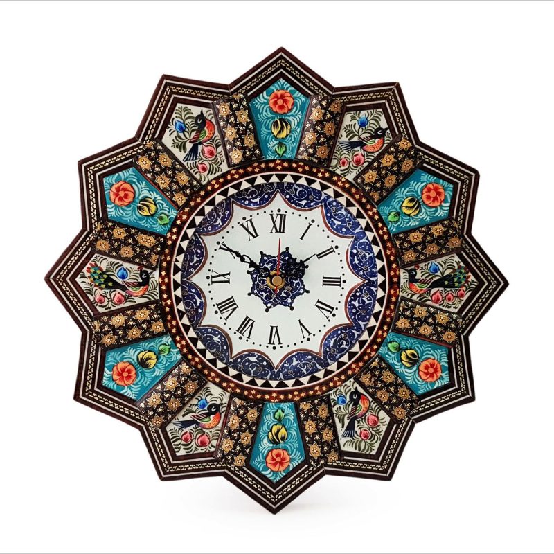 Intricately designed Khatam Kari Wall Clock, exemplifying Isfahan's rich marquetry tradition