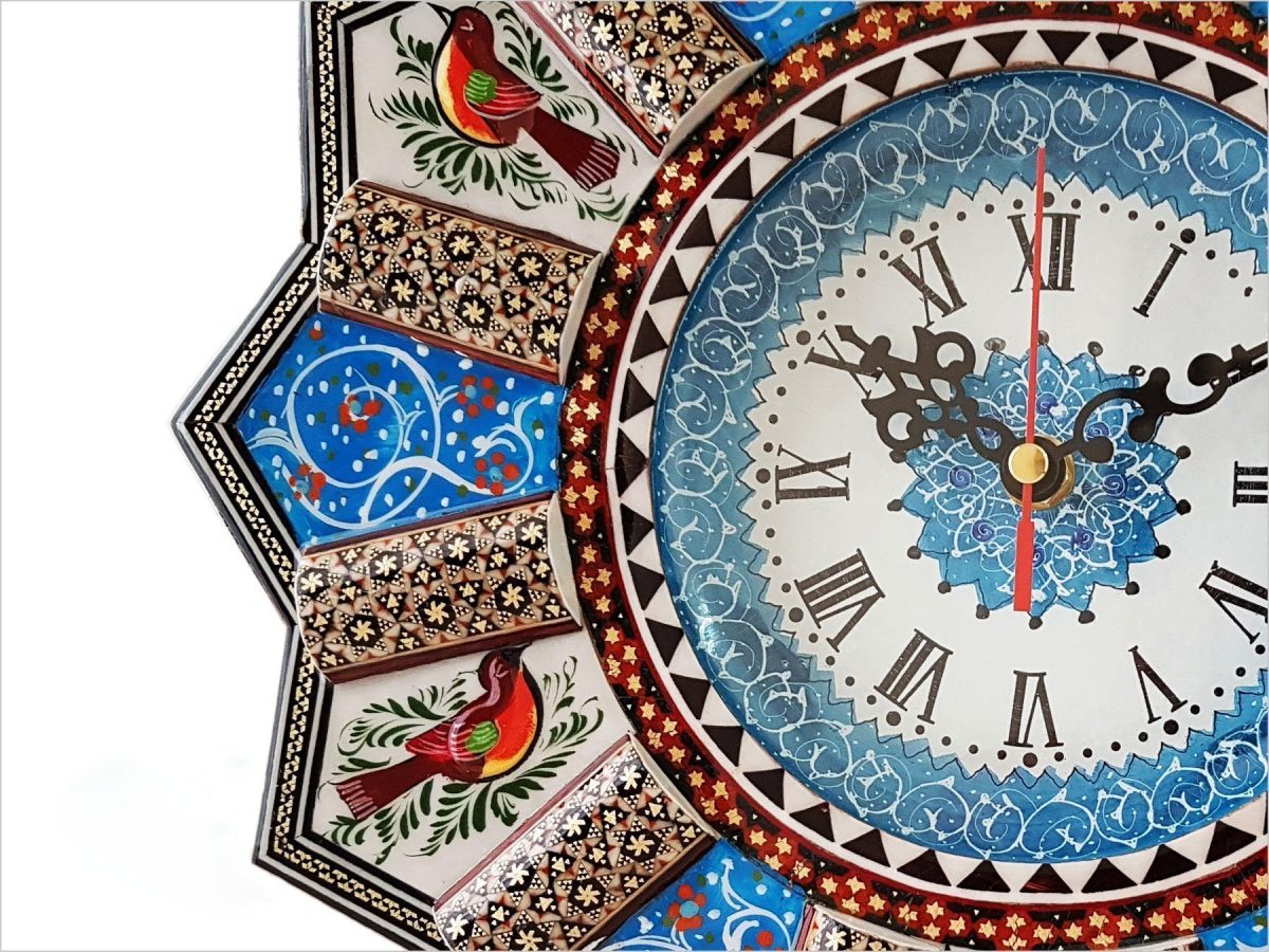 Isfahan's handcrafted Marquetry Wall Clock, a blend of traditional design and modern elegance.