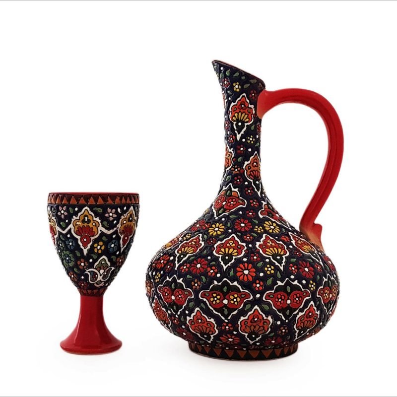 Persian Enamel Pottery Pitcher & Glass