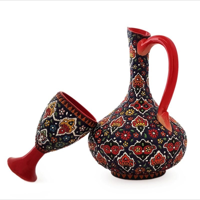 Alternative view of Persian Enamel Pottery Pitcher & Glass