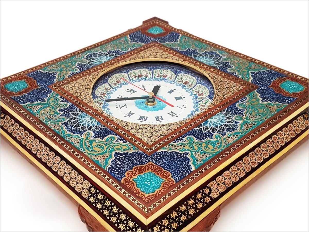 Isfahan-crafted Persian Marquetry Wall Clock, merging traditional design with timeless functionality