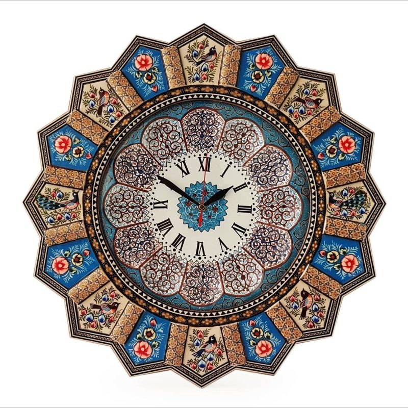 Handmade marquetry wall clock from Isfahan, representing intricate Persian geometric artistry