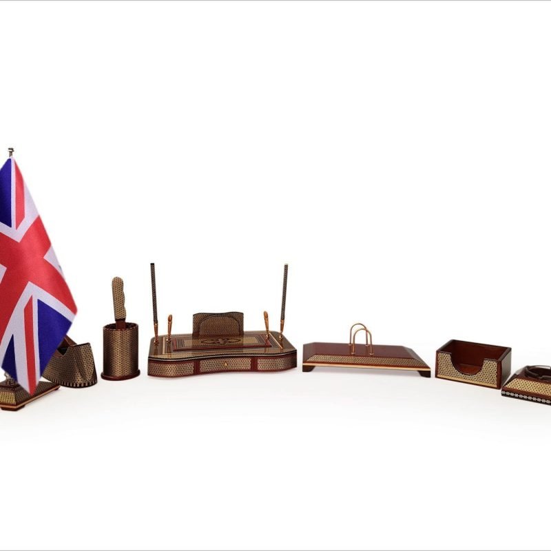 Handmade 10-piece desk organiser set showcasing the intricate designs of Persian Khatam Kari from Isfahan.