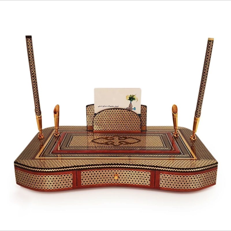 Handmade 10-piece desk organiser set showcasing the intricate designs of Persian Khatam Kari from Isfahan.