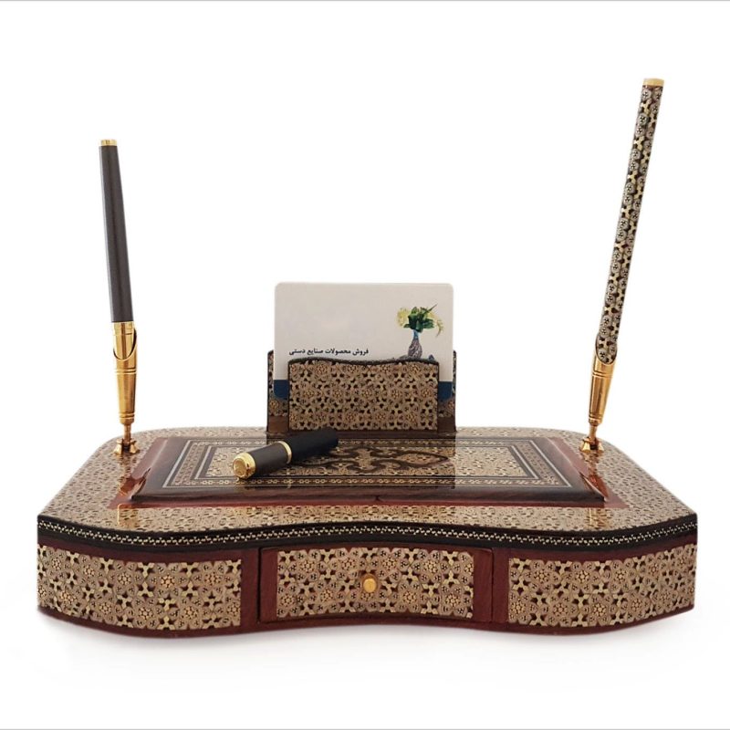 Isfahan-crafted marquetry desk organiser showcasing intricate Persian designs on wood, brass, and camel's bone pieces