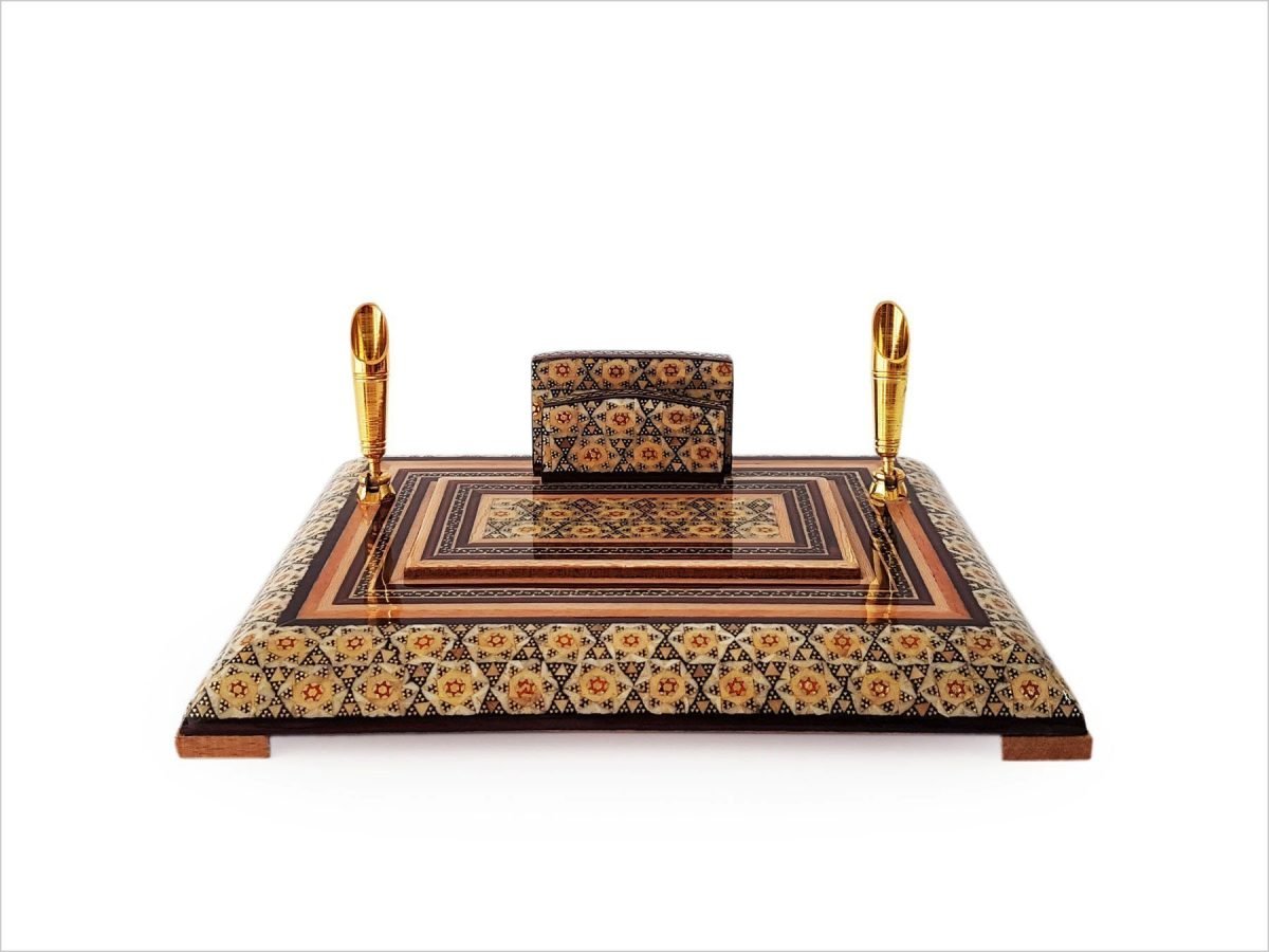 Handcrafted Persian marquetry pen holder.