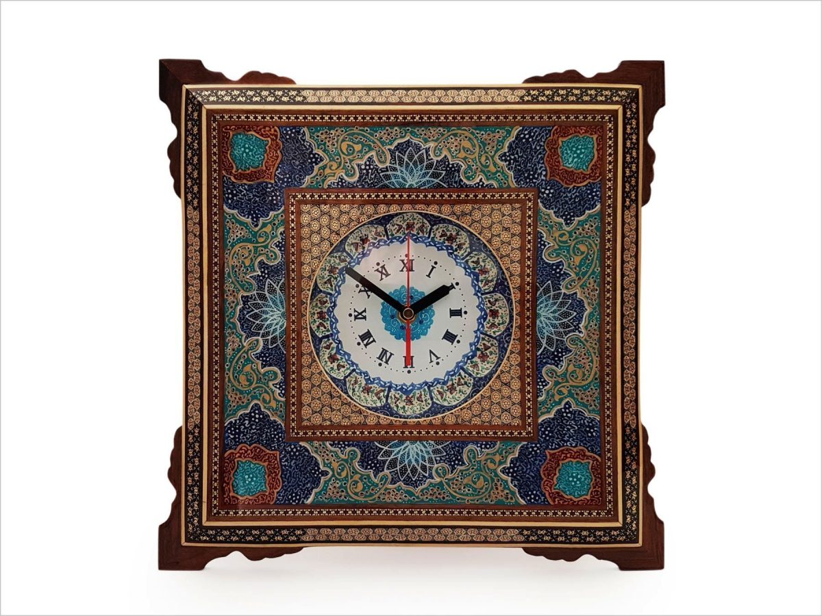 Isfahan-crafted Persian Marquetry Wall Clock, merging traditional design with timeless functionality