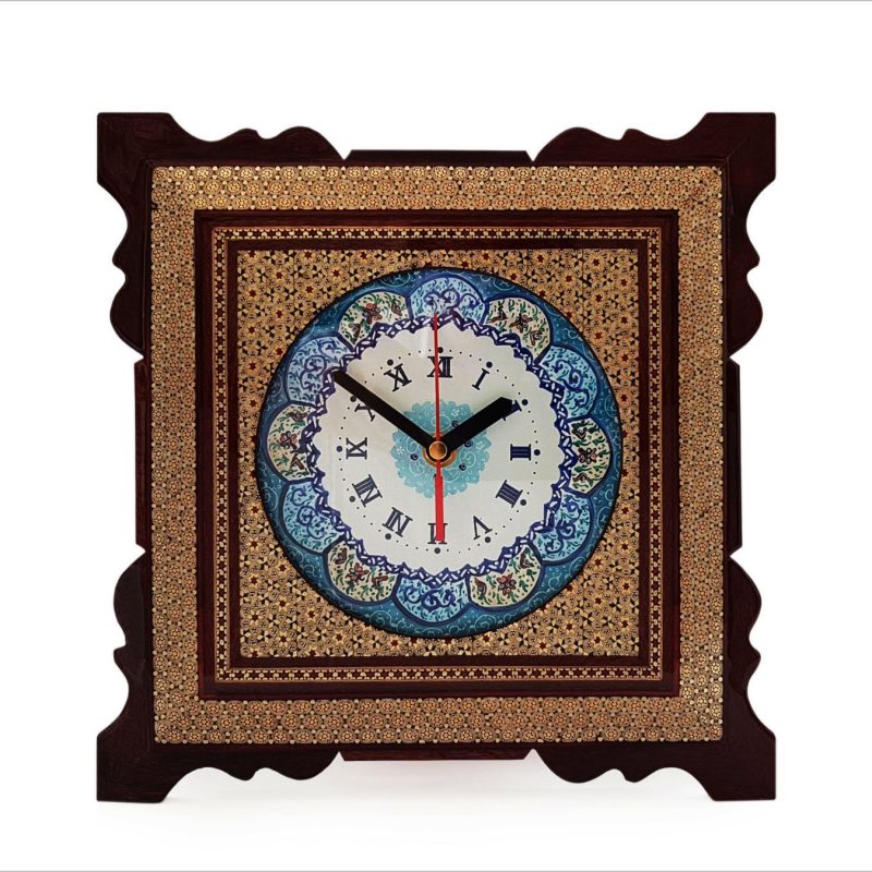 Marquetry Wall Clock showcasing detailed Persian patterns, crafted with wood, camel's bone, and brass