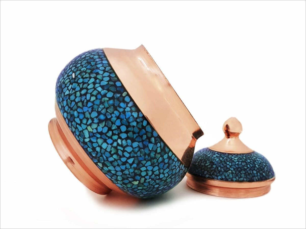 Stunning Turquoise Candy Jar with glinting copper and vibrant blue-green stones, encapsulating the grandeur of Persian craftsmanship and Isfahan's essence