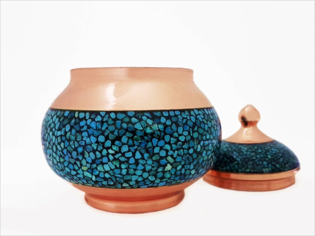 Stunning Turquoise Candy Jar with glinting copper and vibrant blue-green stones, encapsulating the grandeur of Persian craftsmanship and Isfahan's essence
