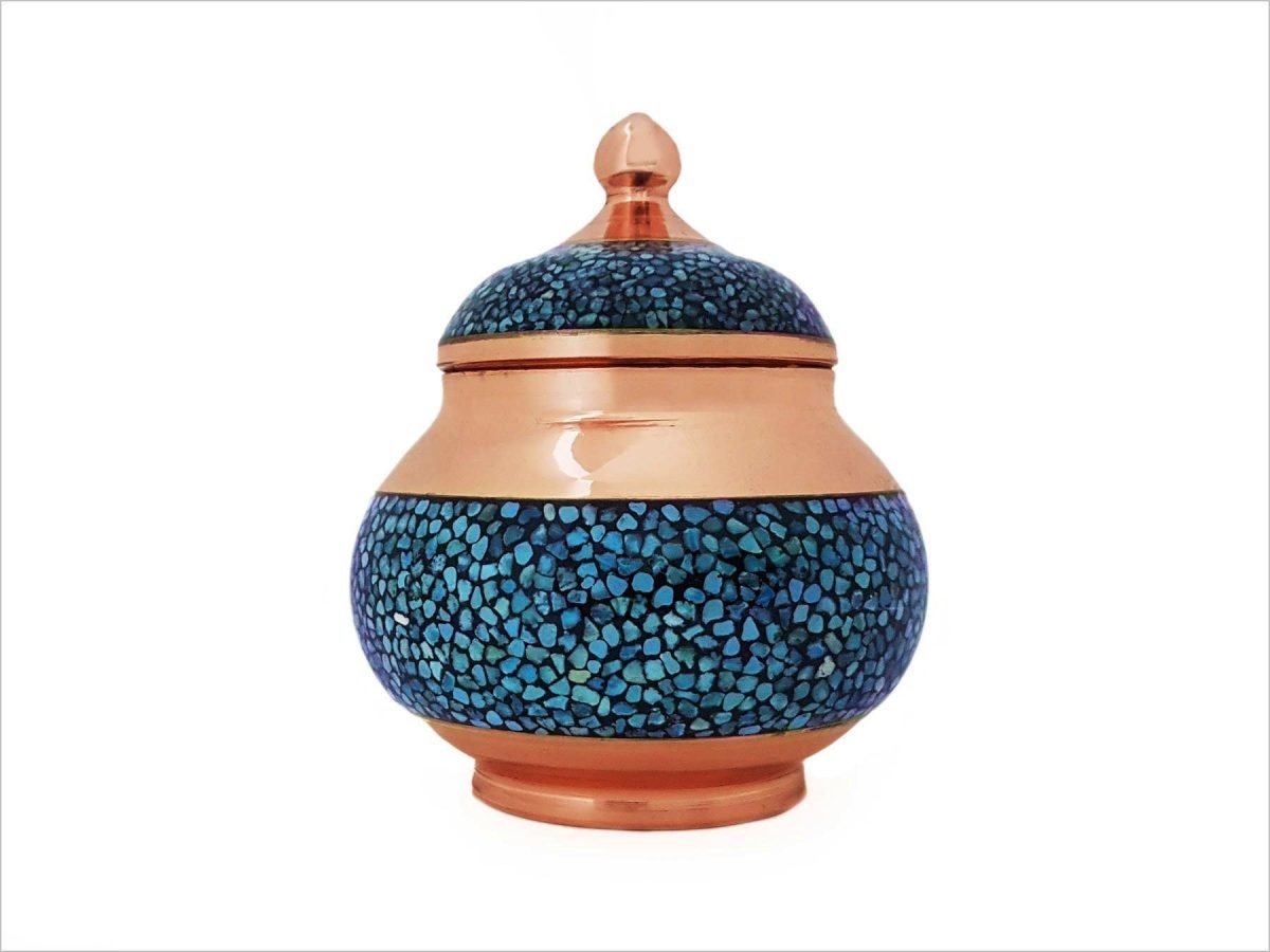 Stunning Turquoise Candy Jar with glinting copper and vibrant blue-green stones, encapsulating the grandeur of Persian craftsmanship and Isfahan's essence