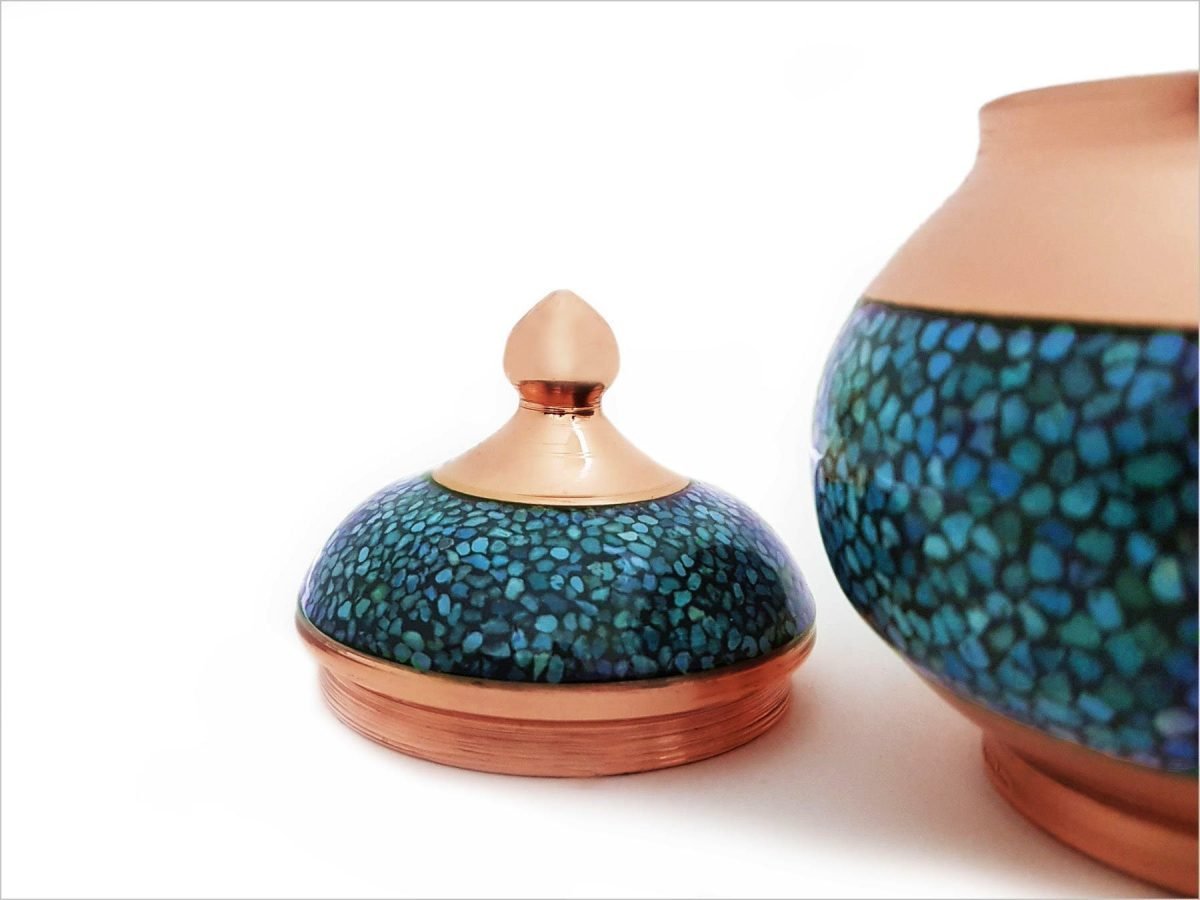 Stunning Turquoise Candy Jar with glinting copper and vibrant blue-green stones, encapsulating the grandeur of Persian craftsmanship and Isfahan's essence