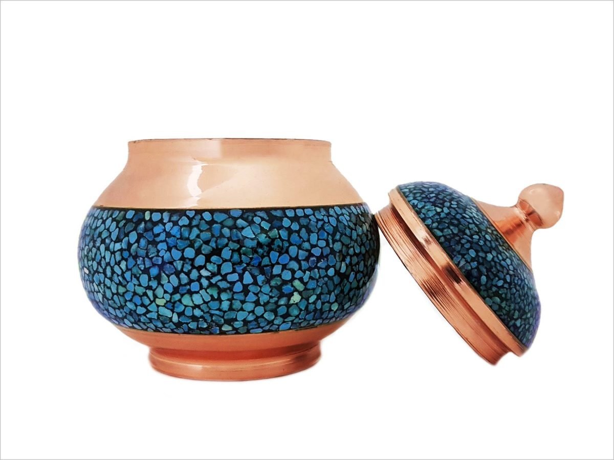 Stunning Turquoise Candy Jar with glinting copper and vibrant blue-green stones, encapsulating the grandeur of Persian craftsmanship and Isfahan's essence