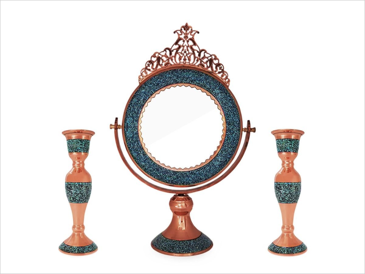 Isfahani vanity desk mirror adorned with Nishapour turquoise and copper, reflecting Persian heritage and artistry.