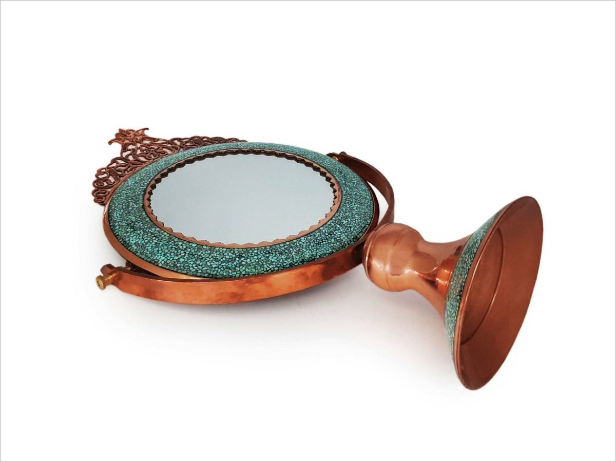 Isfahani vanity desk mirror adorned with Nishapour turquoise and copper, reflecting Persian heritage and artistry.