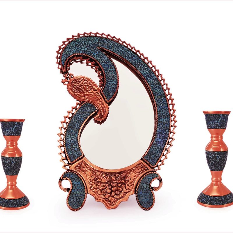 Isfahani desk mirror with 'Boteh' or paisley design, adorned with Nishapour turquoise, reflecting Persia's artistic legacy and symbolism.