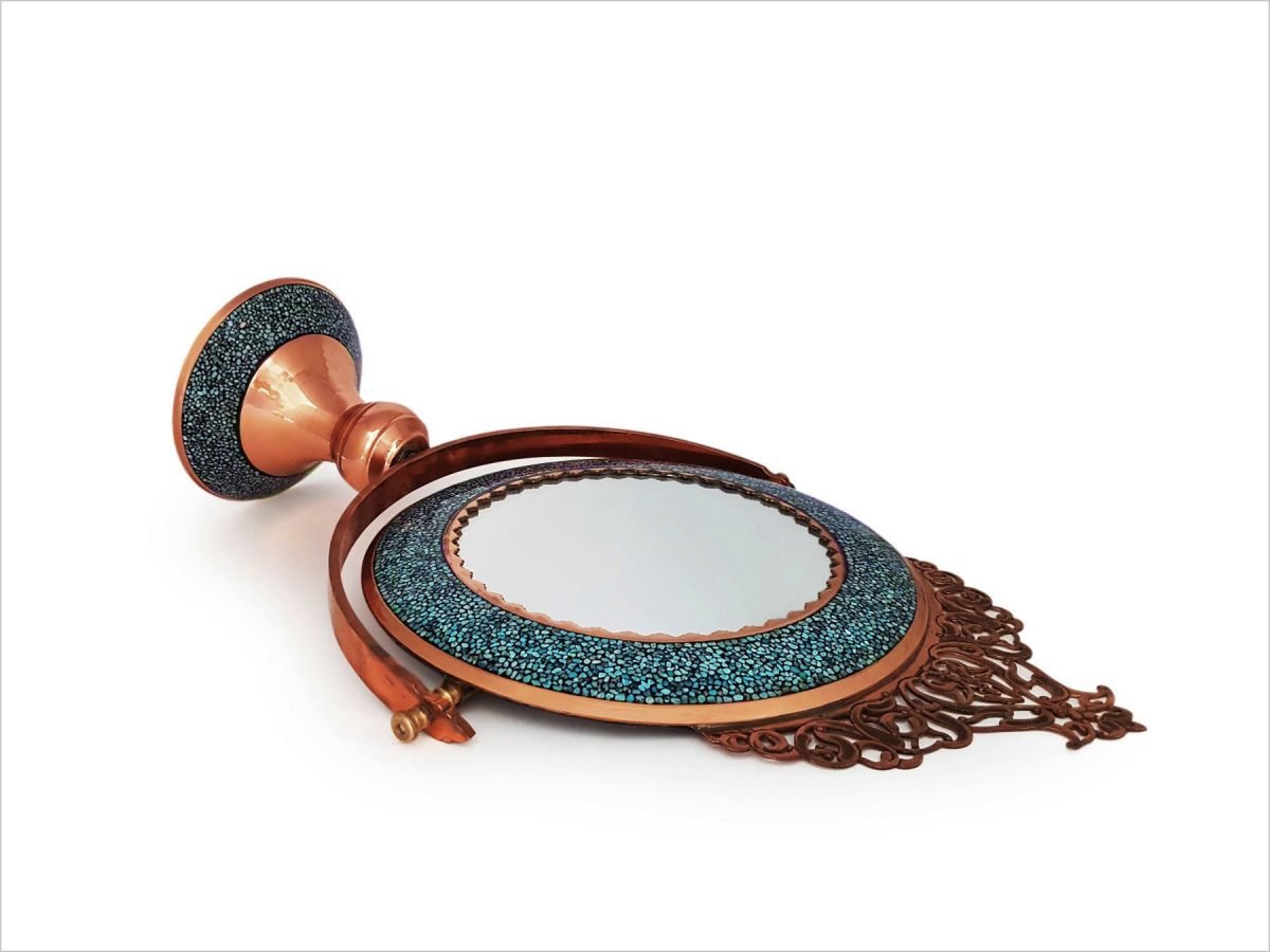 Isfahani vanity desk mirror adorned with Nishapour turquoise and copper, reflecting Persian heritage and artistry.