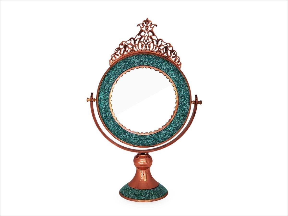 Isfahani vanity desk mirror adorned with Nishapour turquoise and copper, reflecting Persian heritage and artistry.