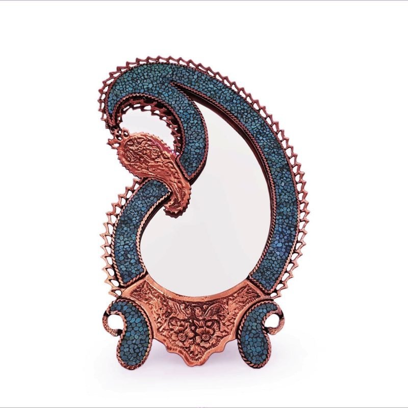 Isfahani desk mirror with 'Boteh' or paisley design, adorned with Nishapour turquoise, reflecting Persia's artistic legacy and symbolism.
