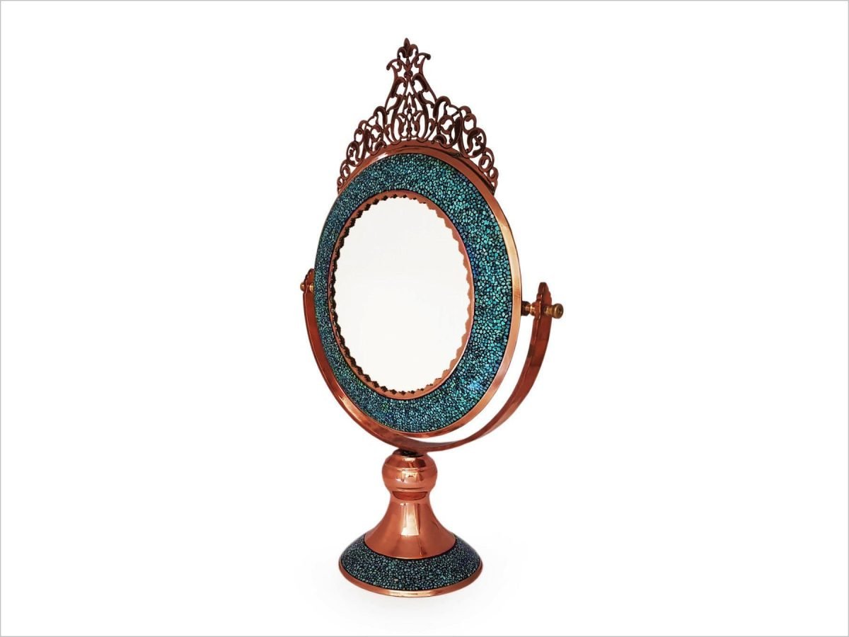 Isfahani vanity desk mirror adorned with Nishapour turquoise and copper, reflecting Persian heritage and artistry.