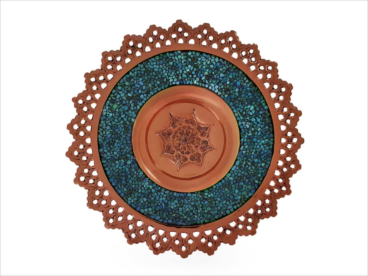 Isfahani-crafted candy dish adorned with brilliant Nishapour turquoise, symbolizing the rich heritage and tales of ancient Persian feasts.
