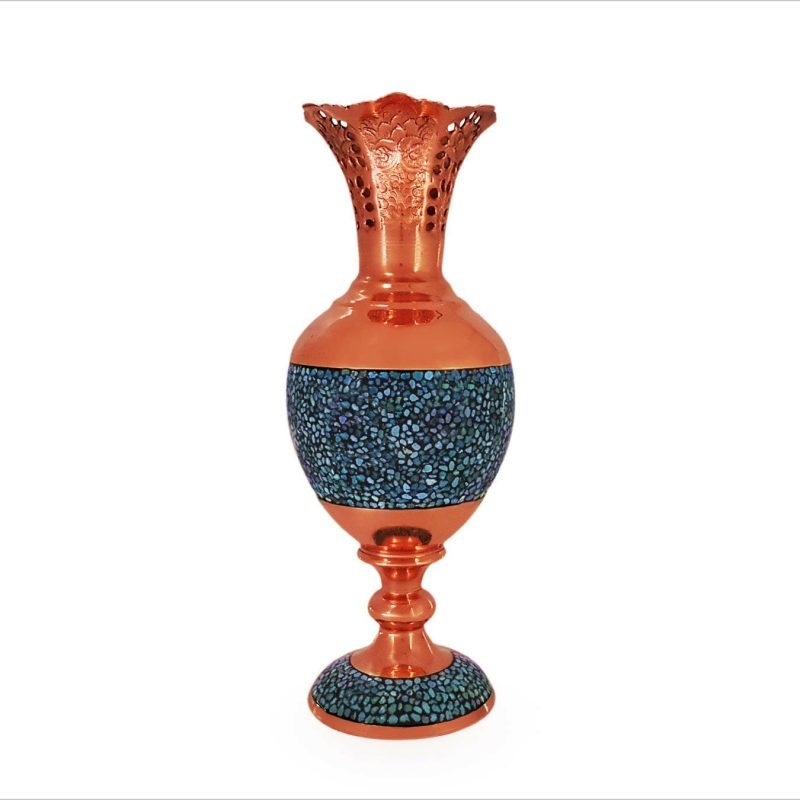 Handcrafted turquoise and copper vase by Isfahani artisans, reflecting the rich heritage of Persian craftsmanship.
