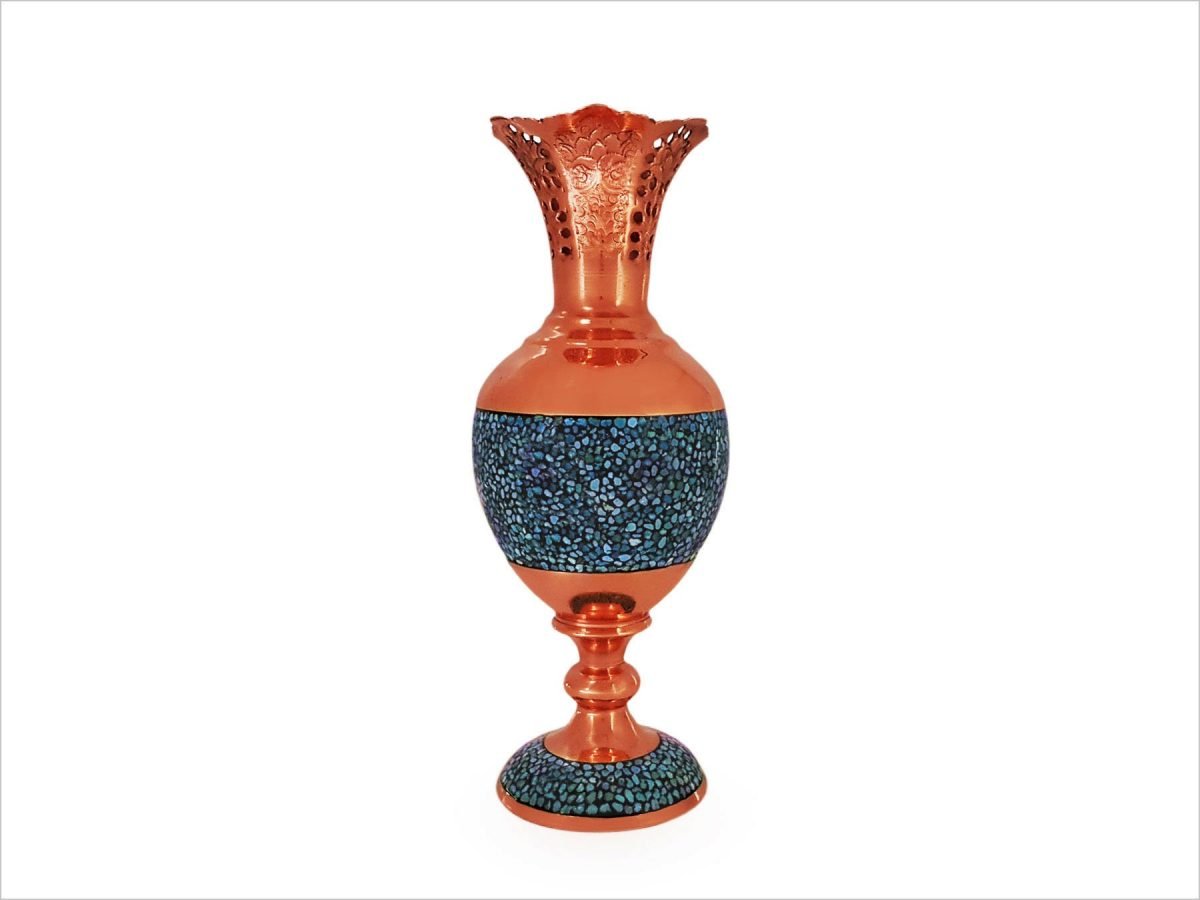 Handcrafted turquoise and copper vase by Isfahani artisans, reflecting the rich heritage of Persian craftsmanship.