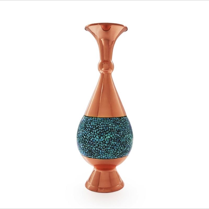 Persian turquoise vase with intricate Firouzeh Kobi design, celebrating Isfahani craftsmanship and Nishapour’s deep blue-green turquoise.