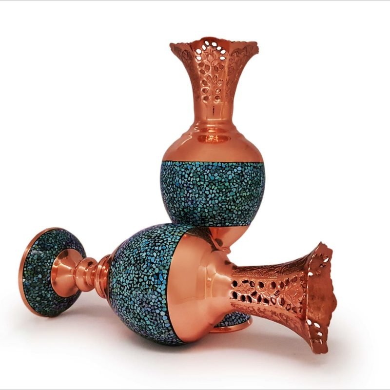 Handcrafted turquoise and copper vase by Isfahani artisans, reflecting the rich heritage of Persian craftsmanship.