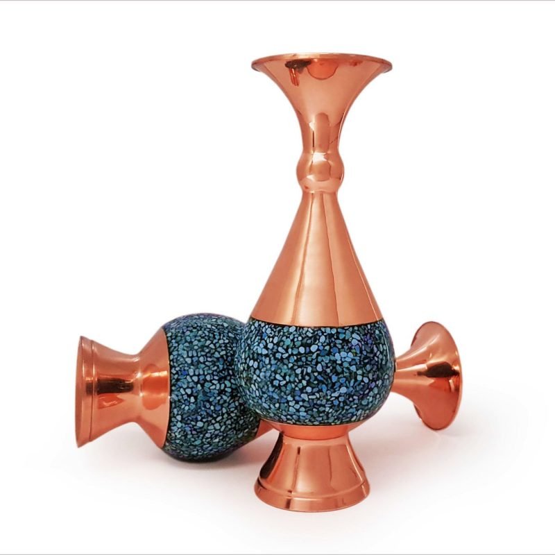 Persian turquoise vase with intricate Firouzeh Kobi design, celebrating Isfahani craftsmanship and Nishapour’s deep blue-green turquoise.