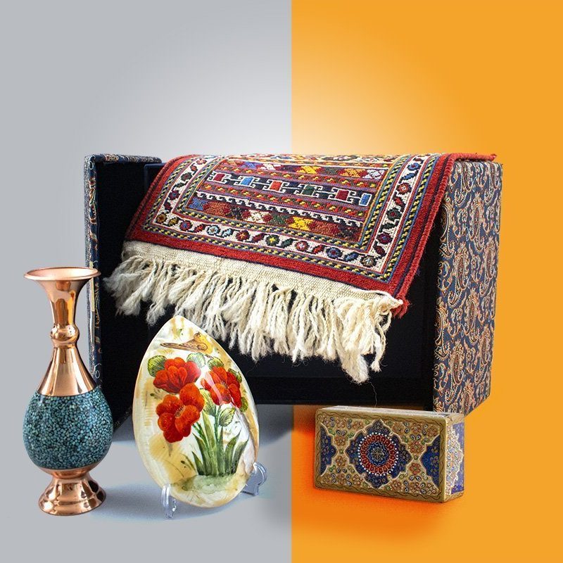 Craftestan Gift Box Consists Of Four Precious Persian Handicrafts. A Turquoise Table Vase, A Natural Seashell Which Is Watercolour Painted , A Marble Jewellery Box And A Miniature Persian Kilim