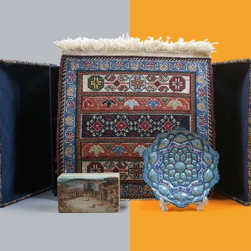 Craftestan Gift Box Consists Of Three Persian Handicrafts. A Marble Jewellery Box Which Is Masterfully Gilded. An Enamel Decorative Plate With The Iconic Persian Pattern. A Miniature Persian Kilim With Geometric Pattern