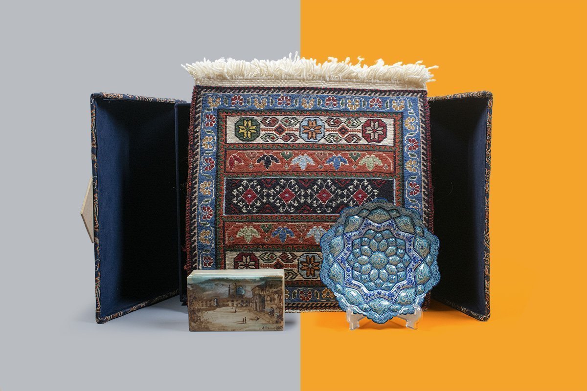 Craftestan Gift Box Consists Of Three Persian Handicrafts. A Marble Jewellery Box Which Is Masterfully Gilded. An Enamel Decorative Plate With The Iconic Persian Pattern. A Miniature Persian Kilim With Geometric Pattern