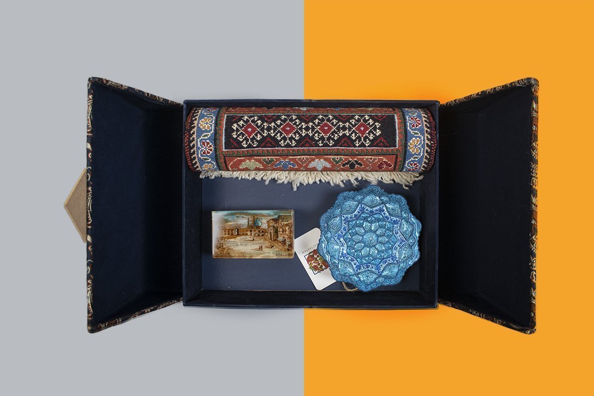 Craftestan Gift Box Consists Of Three Persian Handicrafts. A Marble Jewellery Box Which Is Masterfully Gilded. An Enamel Decorative Plate With The Iconic Persian Pattern. A Miniature Persian Kilim With Geometric Pattern