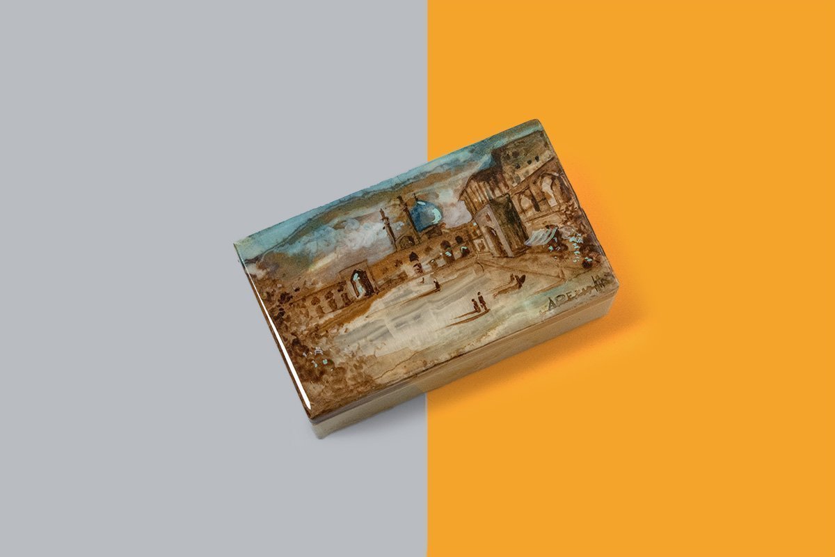 Marble Jewellery Box Is Masterfully Decorative With Persian Gilding. The Design Features One Of The Most Iconic Tourists Attraction In Isfahan City.