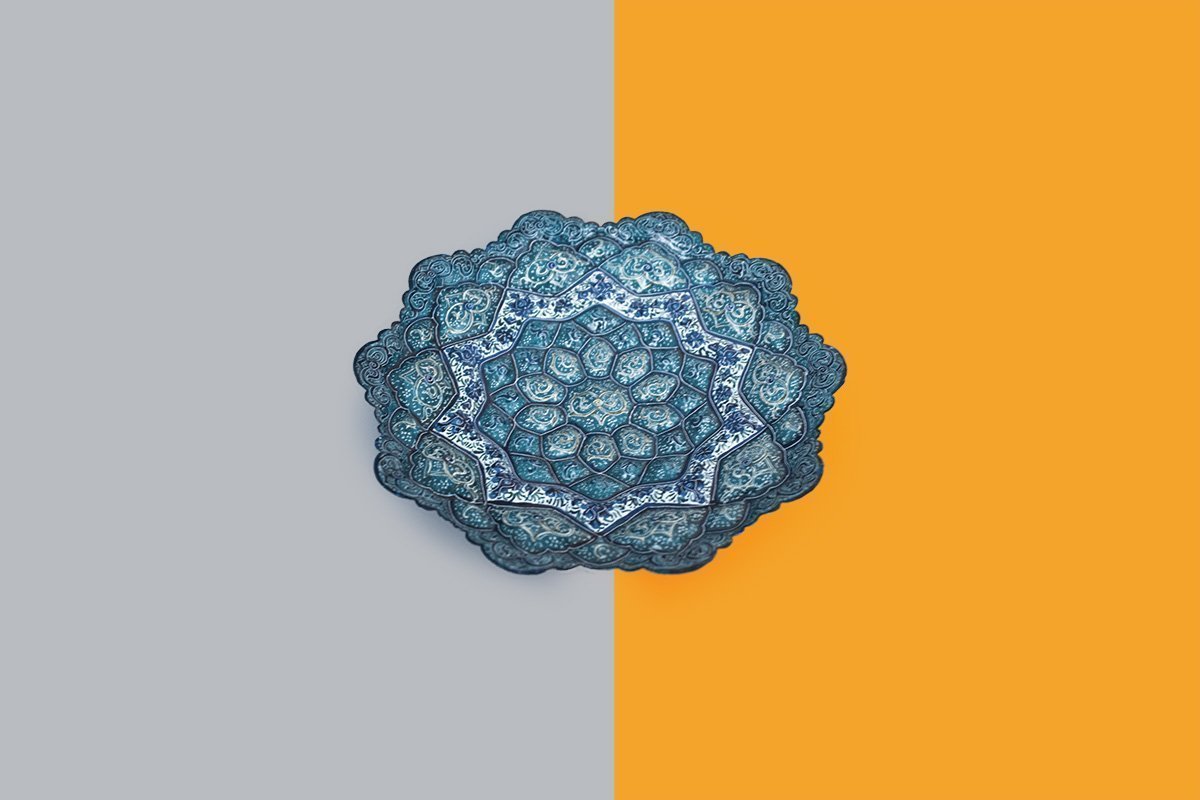 Persian Enamel (Minakari) Decorative Plate Is Made Of Copper And Has 16cm Diameter. The Rich And Embossed Texture Of The Artwork Is Watercolour Painted. The Azure Pattern Features Rhythmic Foliate Scrolls