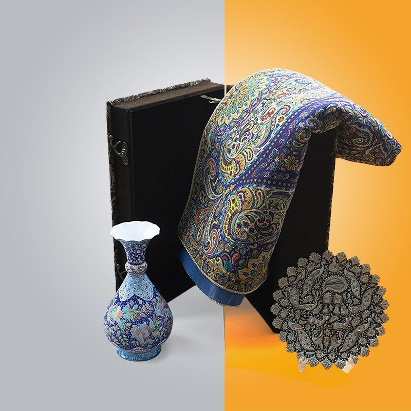 Set Of Craftestan's Persian Handcrafts Including An Enamel Table Vase, A Toreutics Copper Decorative Plate And A Cultural Persian Textile Known As Termeh