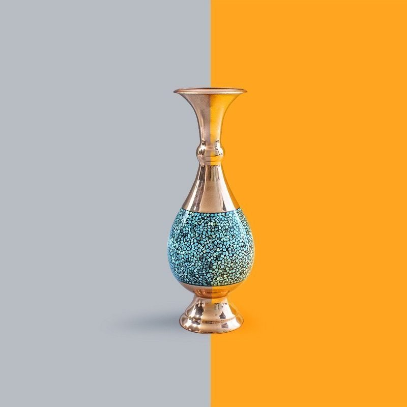 Persian Decorative Turquoise Table Vase. The Height Of The Vase Is 20cm And The Combination Of The Azure Colour Of The Turquoise And The Gold Colour Of The Copper Is Eye-Catching.