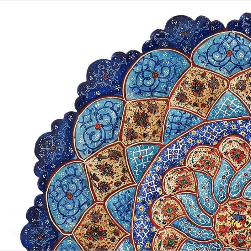Persian Enamel Decorative Plate 30cm Made Of Copper And Has Embossed Texture. The Floral/Foliate Motifs Are Hand-Painted