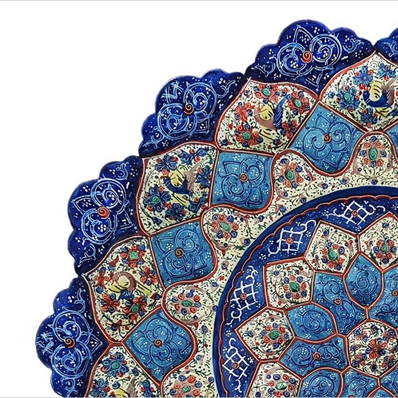 Persian Enamel Decorative Plate 30cm Is Made Of Copper And Has An Embossed Texture. The Iconic Persian Pattern With Its Stylised Hummingbirds And Cherry Blossom Is Hand-Painted