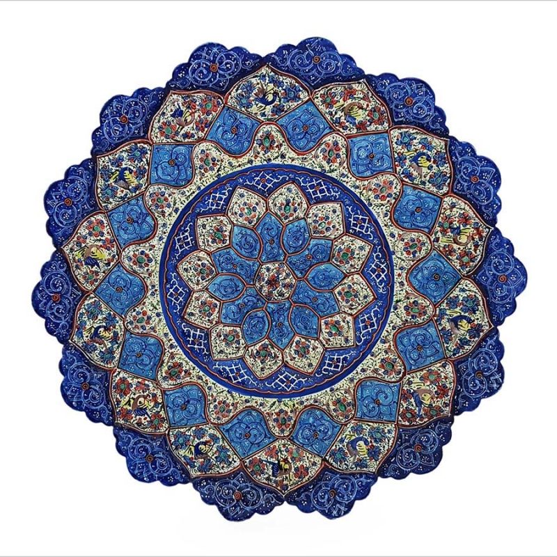 Persian Enamel Decorative Plate 30cm Is Made Of Copper And Has An Embossed Texture. The Iconic Persian Pattern With Its Stylised Hummingbirds And Cherry Blossom Is Hand-Painted