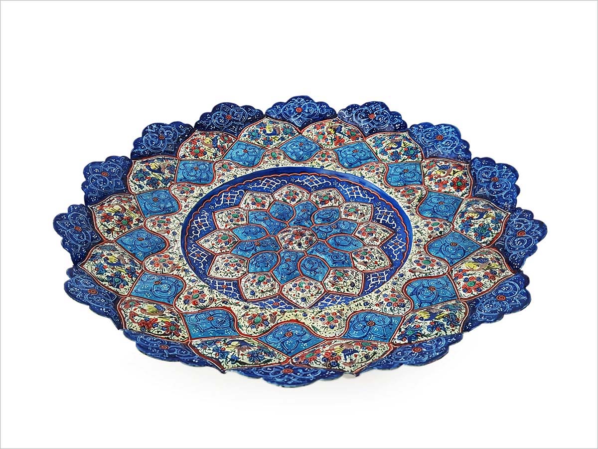 Persian Enamel Decorative Plate 30cm Is Made Of Copper And Has An Embossed Texture. The Iconic Persian Pattern With Its Stylised Hummingbirds And Cherry Blossom Is Hand-Painted