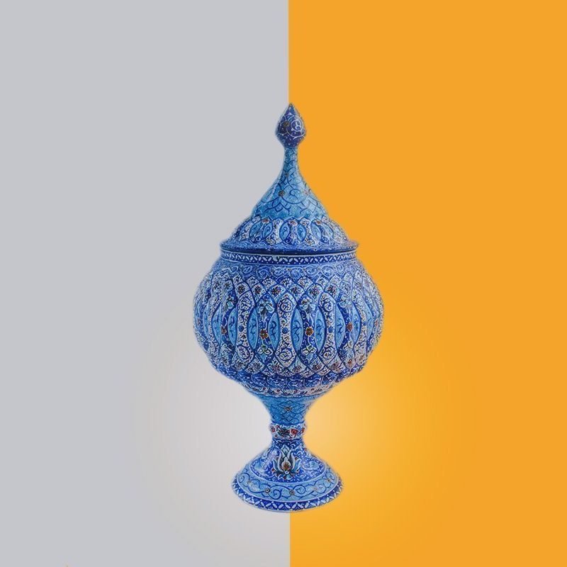 Persian Enamel Candy Jar With Its 28cm Height. The Rich & Embossed Texture Of The Item Is Masterfully Hand-Painted With Rhythmic Stylised Floral/Foliate Motifs.