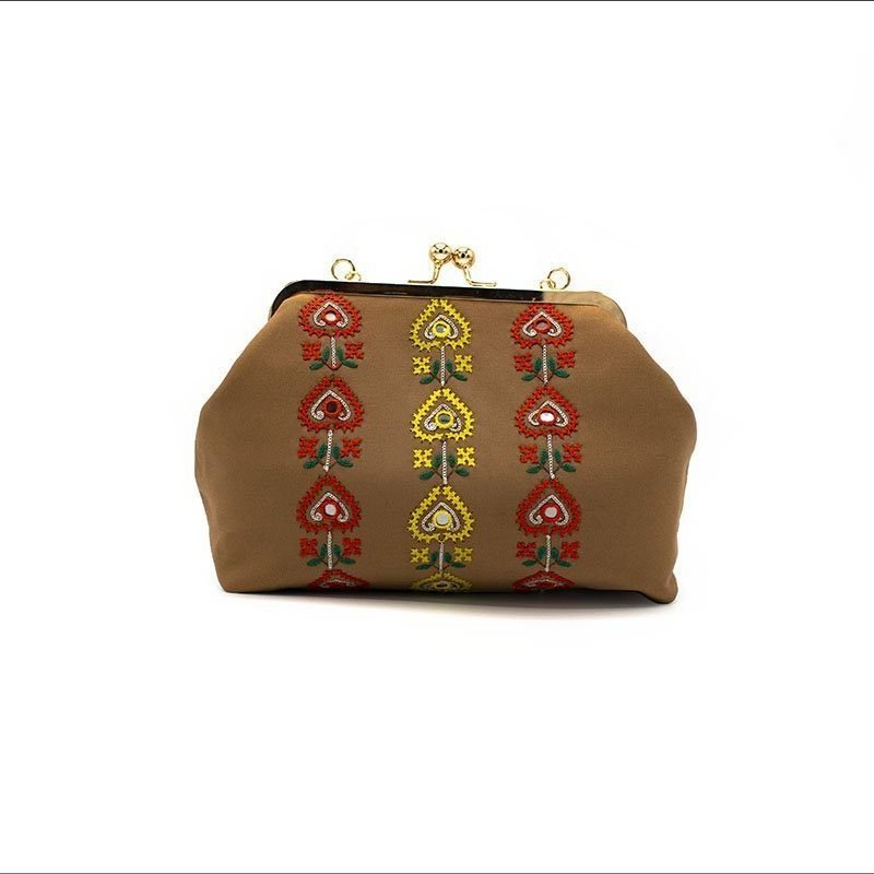 Persian Balochi Embroidery Mirror Work Brown Women Handbag Floral Pattern With Golden Chain And Hinge