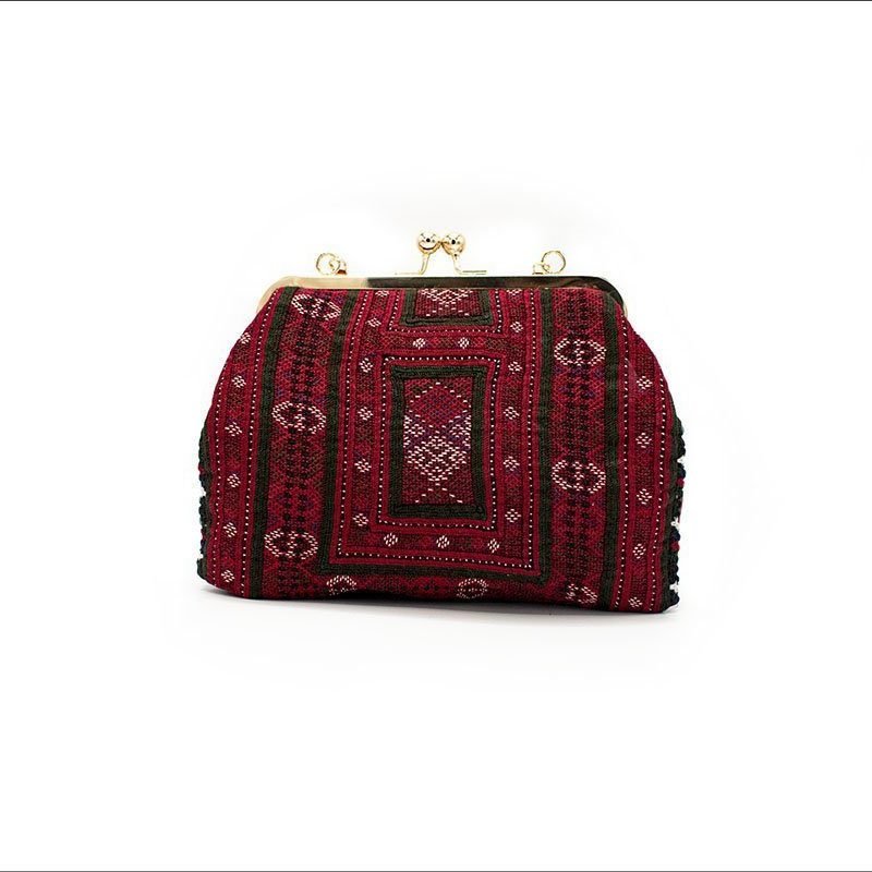 Persian Balochi Embroidery Women Handbag Crimson Kilim Pattern With Golden Hinge And Chain