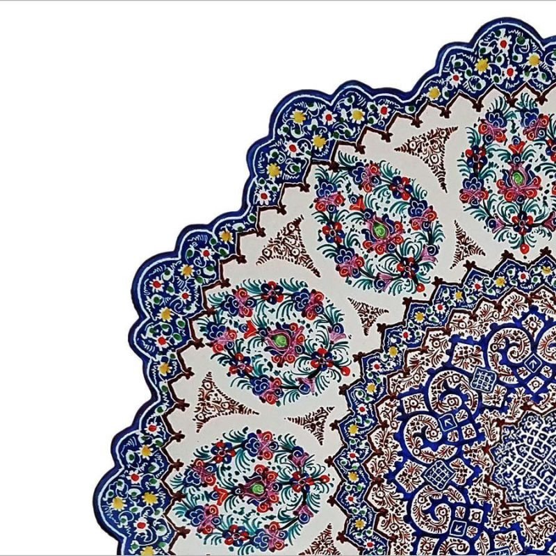A grand 25cm Isfahan Minakari Plate, showcasing a vibrant Persian garden design on a colourful mix of white, red, blue, and yellow.