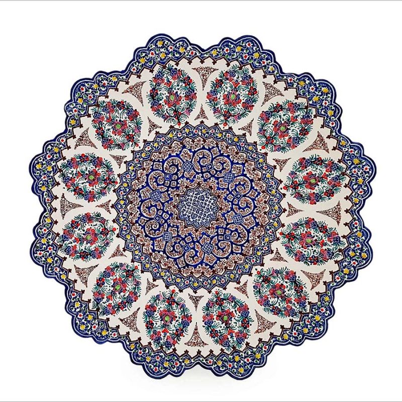 A grand 25cm Isfahan Minakari Plate, showcasing a vibrant Persian garden design on a colourful mix of white, red, blue, and yellow.